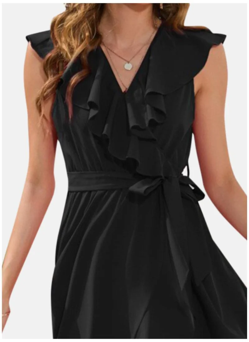 يونيكي Black Flutter Sleeve Satin Fit & Flare Dress