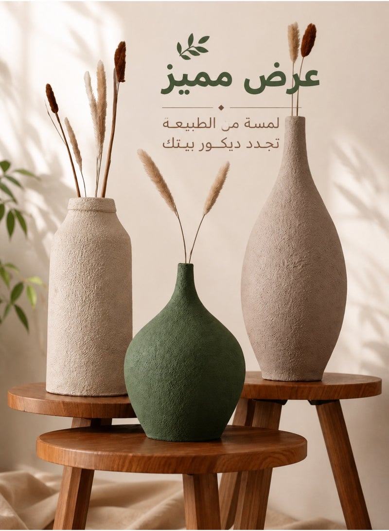 كالدا طقم "كالدا" – طقم فازات سيراميك مصنوع يدويًا من 3 قطع – طقم فخار طبيعي 100% لديكور المنزل المودرن – فازات ديكور بارزة الملمس بمقاسات صغيرة، متوسطة، وكبيرة (21 سم، 27 سم، 33 سم) – - Image 2