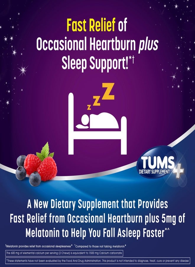 TUMS Heartburn Plus Sleep Support Chewable Dietary Supplement Tablets for Occasional Heartburn Relief Plus Sleep Support, Berry Fusion - 54 Count - Image 3