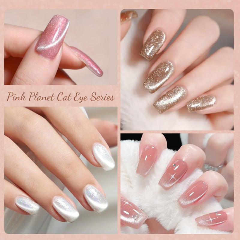CANNI 8 Pcs 9 ML Cat Eye Gel Nail Polish Set, Jelly Pink Blue Silver Glitter Holographic Cat Eye Gel Polish Kit with Magnet Shimmer Colors Soak Off Led Manicure Salon DIY Gifts - Image 5