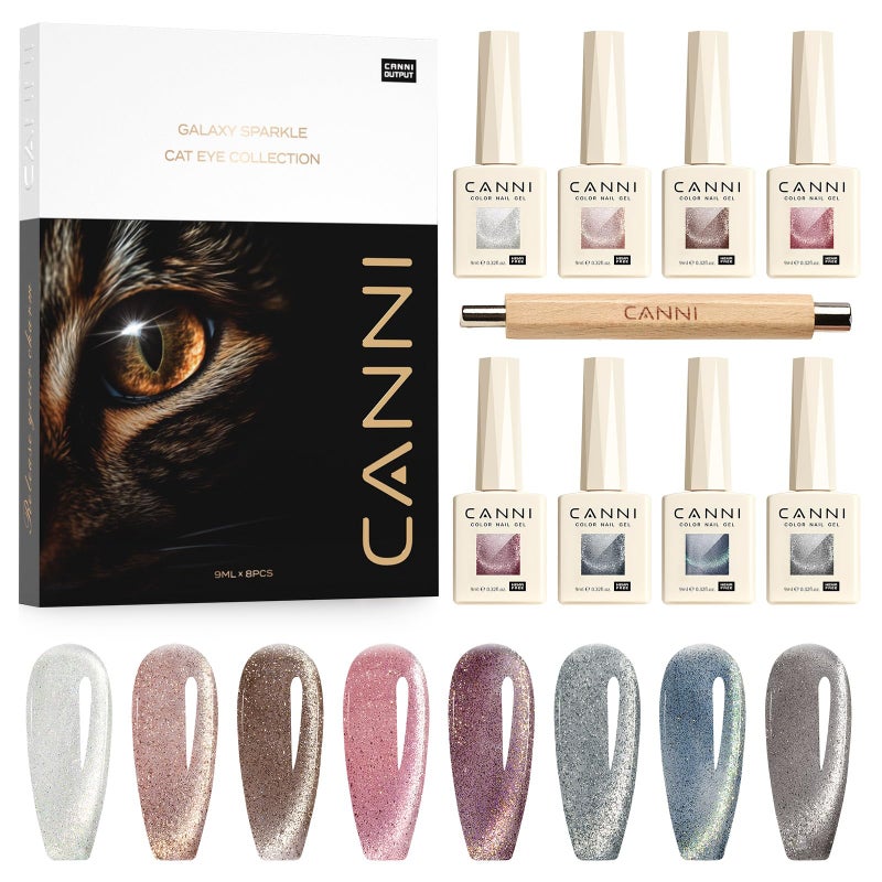 CANNI 8 Pcs 9 ML Cat Eye Gel Nail Polish Set, Jelly Pink Blue Silver Glitter Holographic Cat Eye Gel Polish Kit with Magnet Shimmer Colors Soak Off Led Manicure Salon DIY Gifts - Image 1