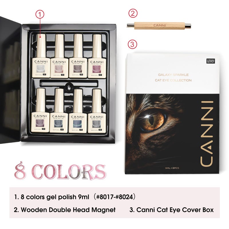 CANNI 8 Pcs 9 ML Cat Eye Gel Nail Polish Set, Jelly Pink Blue Silver Glitter Holographic Cat Eye Gel Polish Kit with Magnet Shimmer Colors Soak Off Led Manicure Salon DIY Gifts - Image 3