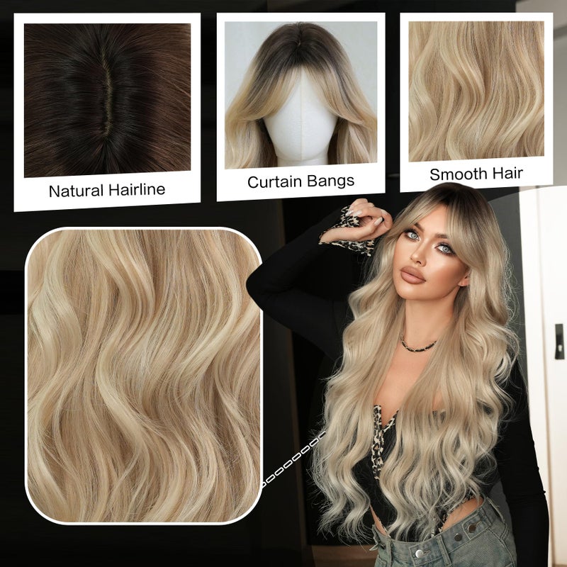 7JHH WIGS Long Wavy Ashblonde Middle Part Wig with Curtain Bangs for Women Heat Resistant Fiber 31Inch Dark Roots Ombre Platinum Blonde Synthetic Hair Wigs for Daily Use - Image 3