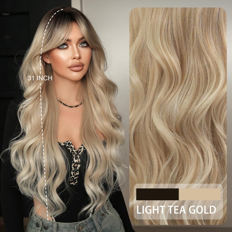 7JHH WIGS Long Wavy Ashblonde Middle Part Wig with Curtain Bangs for Women Heat Resistant Fiber 31Inch Dark Roots Ombre Platinum Blonde Synthetic Hair Wigs for Daily Use - Image 2
