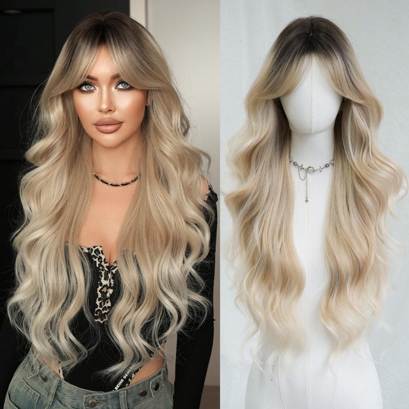 7JHH WIGS Long Wavy Ashblonde Middle Part Wig with Curtain Bangs for Women Heat Resistant Fiber 31Inch Dark Roots Ombre Platinum Blonde Synthetic Hair Wigs for Daily Use - Image 1
