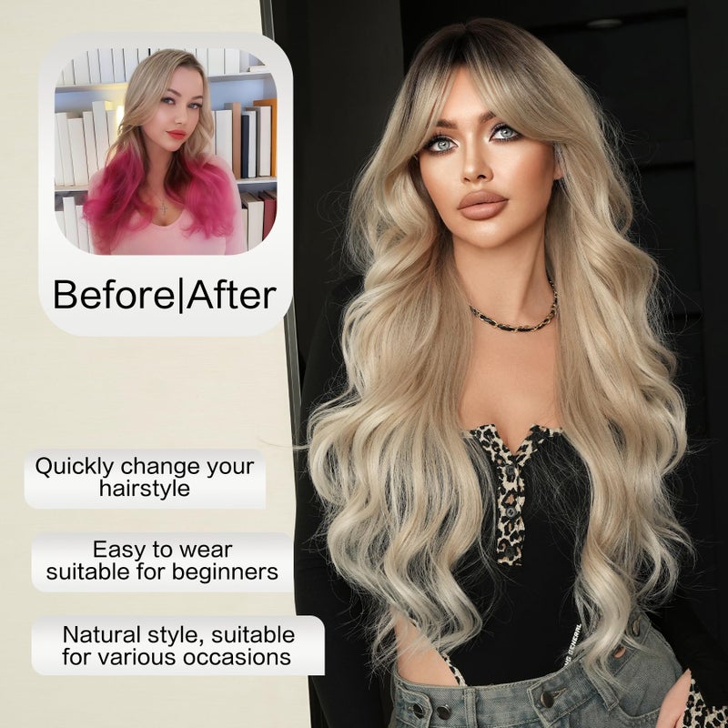 7JHH WIGS Long Wavy Ashblonde Middle Part Wig with Curtain Bangs for Women Heat Resistant Fiber 31Inch Dark Roots Ombre Platinum Blonde Synthetic Hair Wigs for Daily Use - Image 4