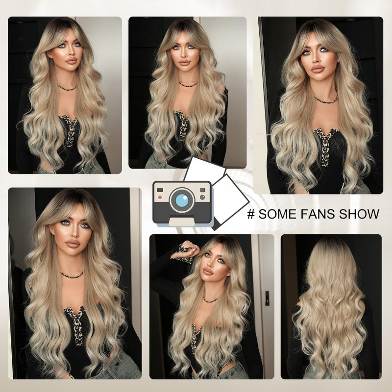 7JHH WIGS Long Wavy Ashblonde Middle Part Wig with Curtain Bangs for Women Heat Resistant Fiber 31Inch Dark Roots Ombre Platinum Blonde Synthetic Hair Wigs for Daily Use - Image 5