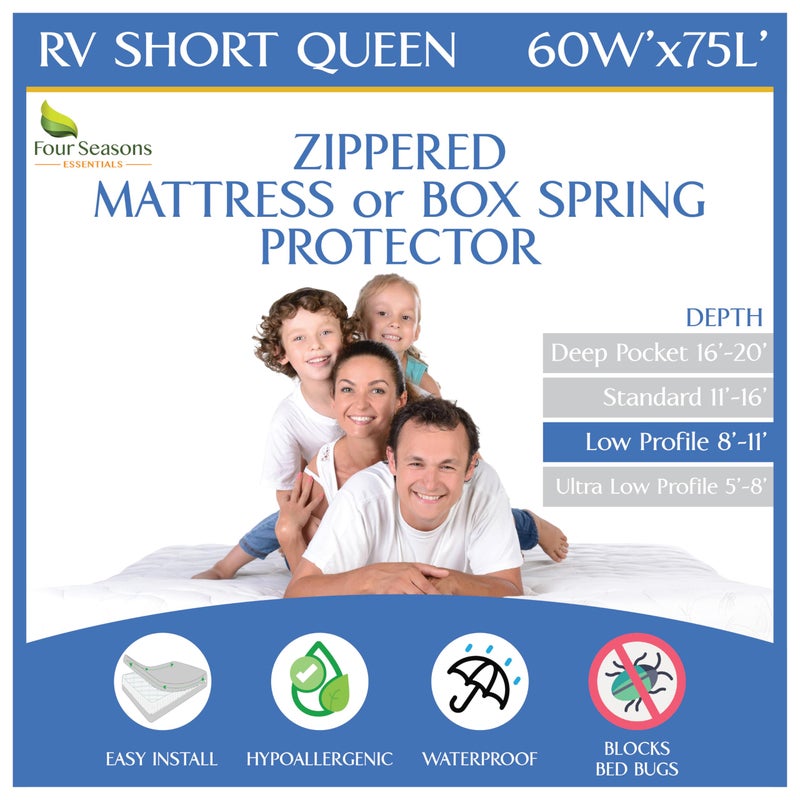 Four Seasons Essentials RV Short Queen Mattress Protector 8 to 11 Depth  Waterproof Zippered Encasement 60 W x 75L Premium Quality Hypoallergenic Bed Cover Protects Against Bedbugs Dust 