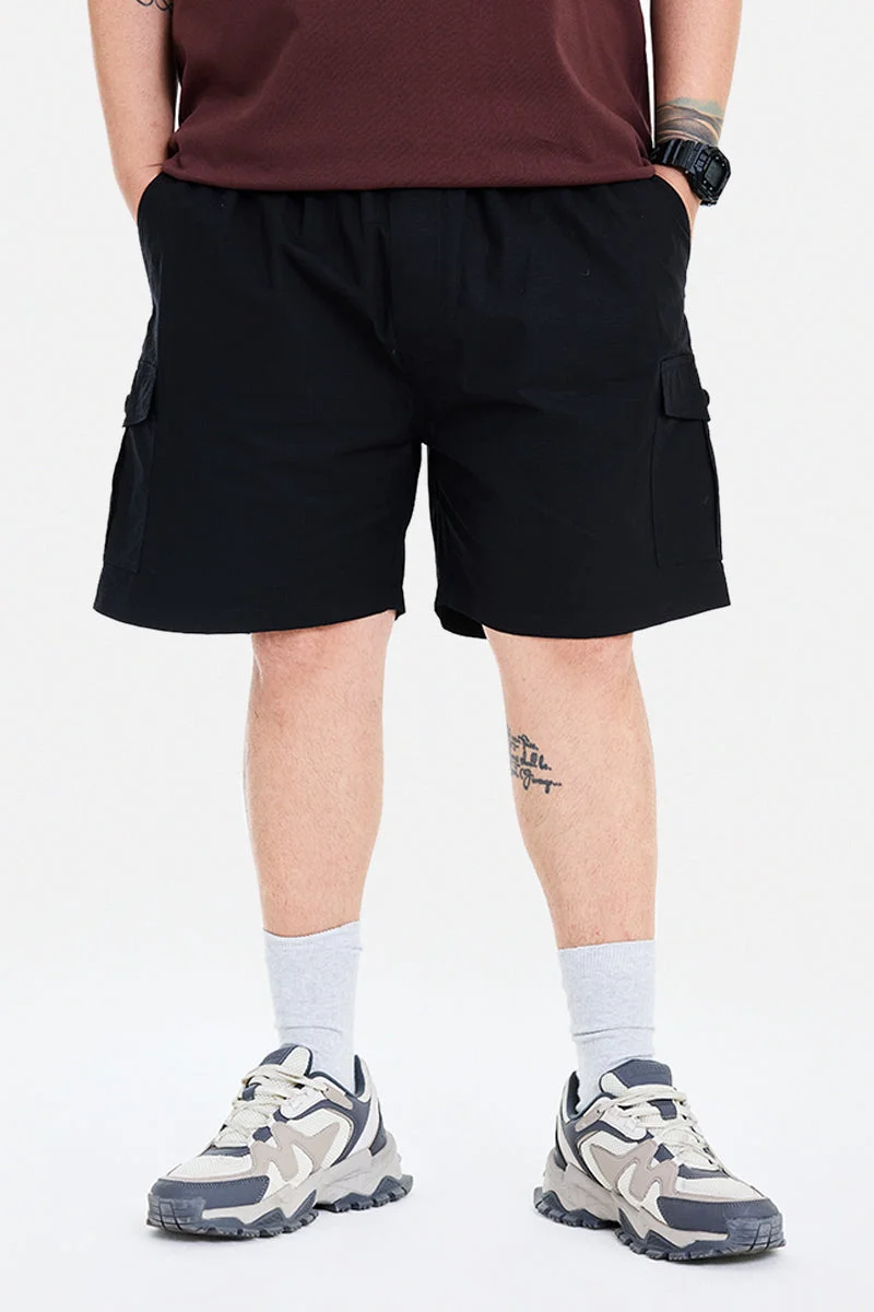 SNITCH Black Textured Regular Fit Streetwear Plus Size Shorts