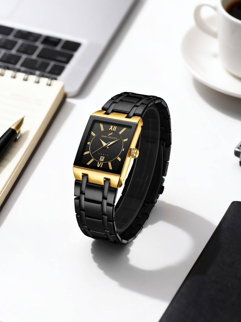 Daniel Hechter Paris Gallieni Collection Vintage Analog Watch for Men - Rectangular Dial with Roman Numerals, Date Display and Brushed Stainless Steel Strap - Image 4