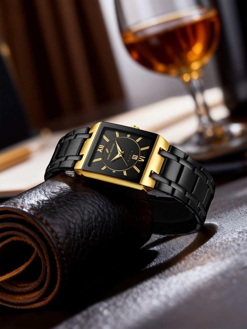 Daniel Hechter Paris Gallieni Collection Vintage Analog Watch for Men - Rectangular Dial with Roman Numerals, Date Display and Brushed Stainless Steel Strap - Image 3