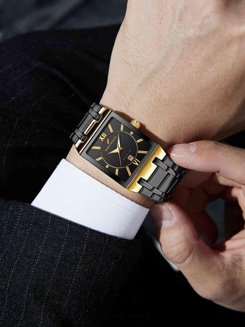 Daniel Hechter Paris Gallieni Collection Vintage Analog Watch for Men - Rectangular Dial with Roman Numerals, Date Display and Brushed Stainless Steel Strap - Image 2