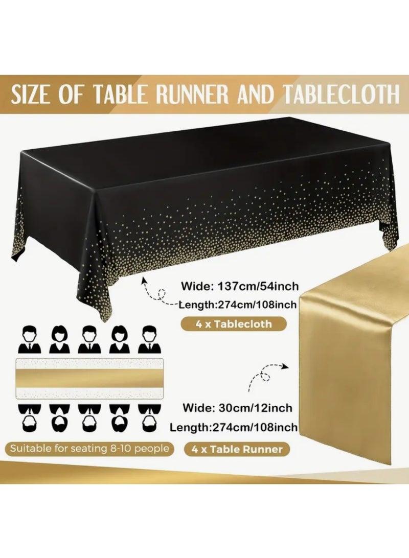 مفرش طاولة مكون من 4 قطع وطاولة ساتان منقطة بنقطة ذهبية سوداء لطاولة طعام مستطيلة، مثالي لتزيين حفلات رمضان - Image 2