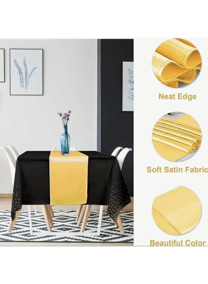 مفرش طاولة مكون من 4 قطع وطاولة ساتان منقطة بنقطة ذهبية سوداء لطاولة طعام مستطيلة، مثالي لتزيين حفلات رمضان - Image 4