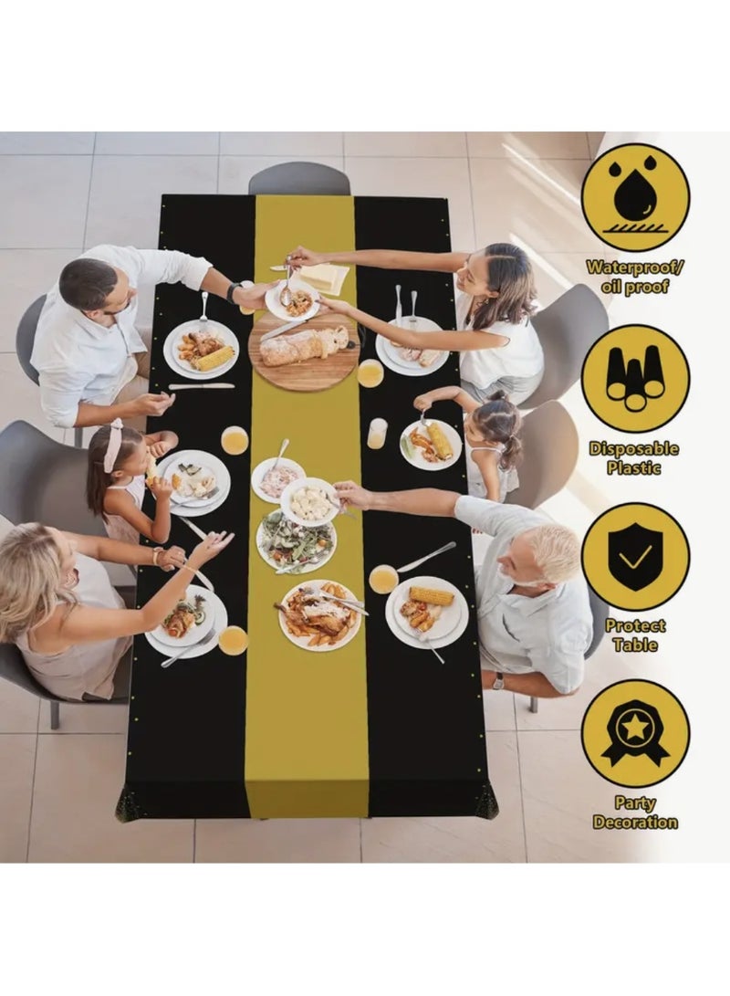 مفرش طاولة مكون من 4 قطع وطاولة ساتان منقطة بنقطة ذهبية سوداء لطاولة طعام مستطيلة، مثالي لتزيين حفلات رمضان - Image 5