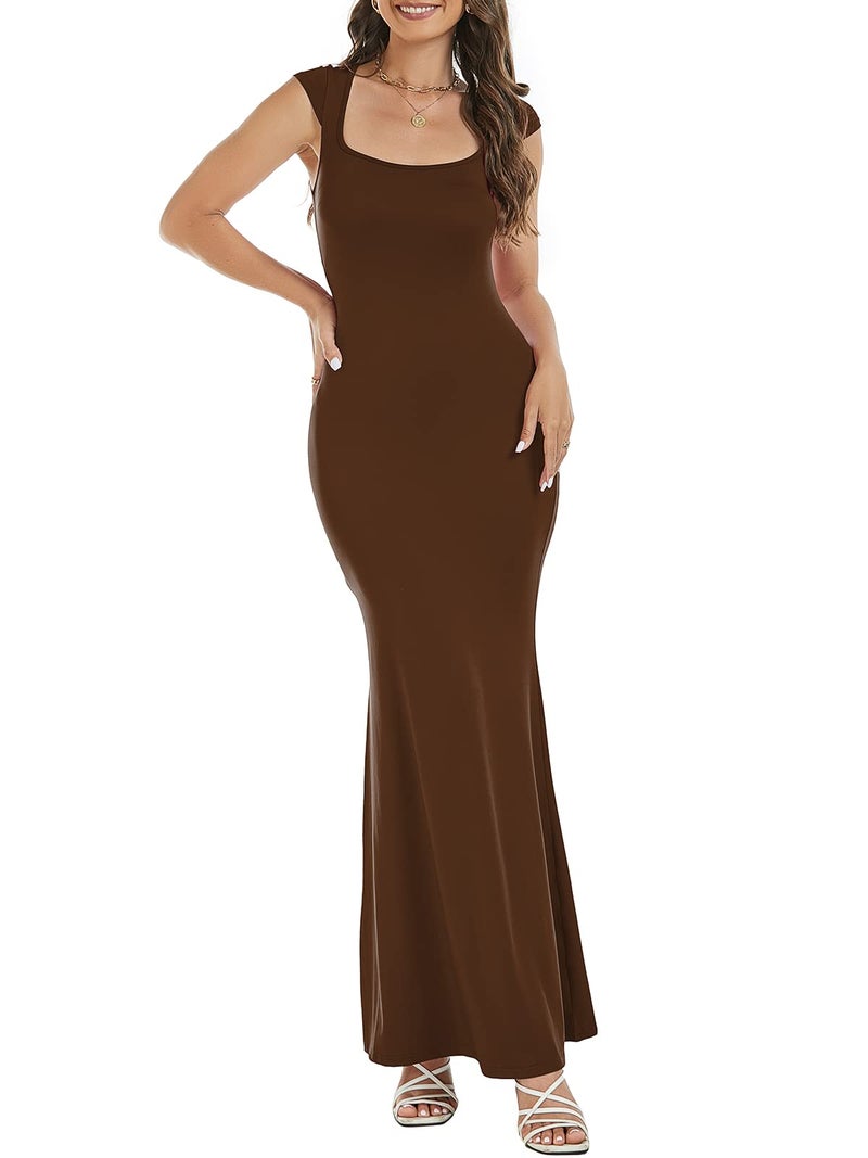 Mokayee Formal Dresses for Women 2026 Sexy Summer Brown Bodycon Maxi Cap Sleeve Tight Lounge Fitted Birthday Fishtail Evening Party Long Dress M - Image 2