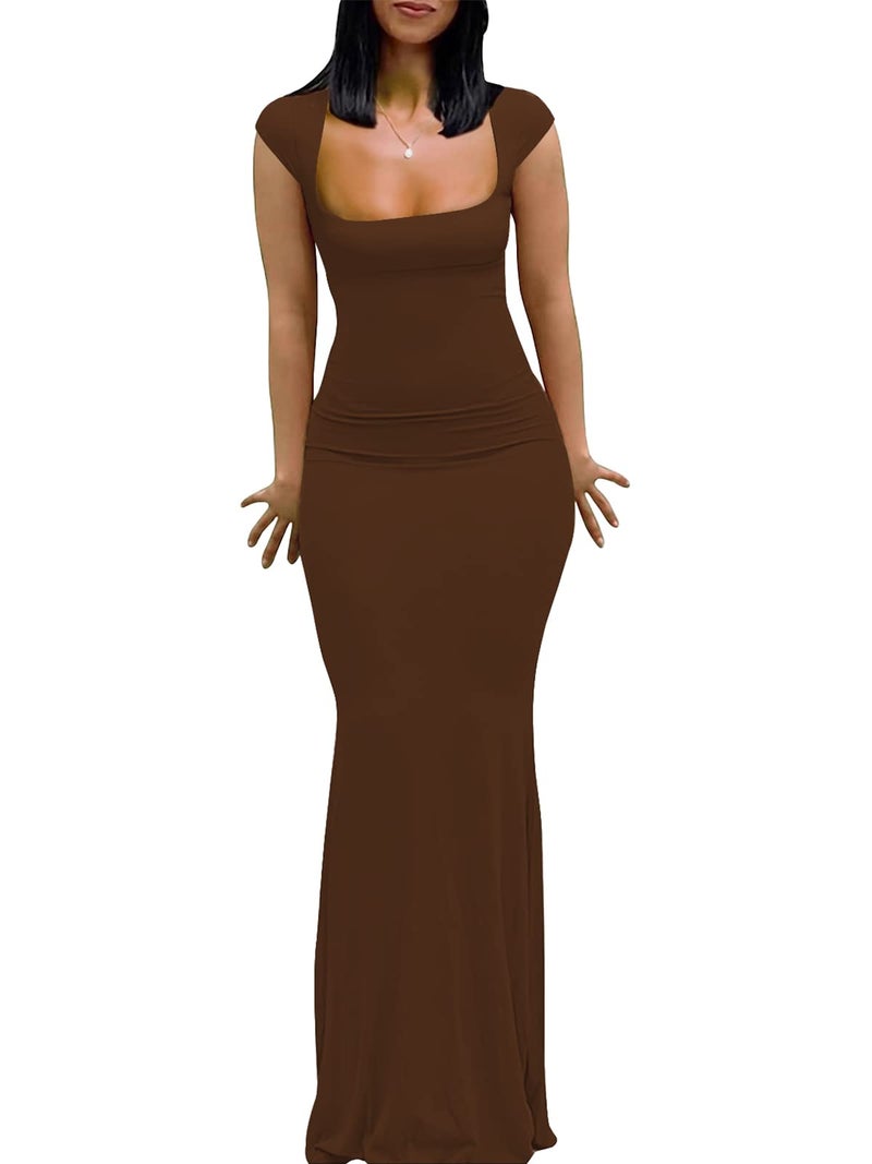 Mokayee Formal Dresses for Women 2026 Sexy Summer Brown Bodycon Maxi Cap Sleeve Tight Lounge Fitted Birthday Fishtail Evening Party Long Dress M - Image 1