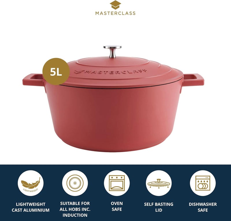 Master Class MasterClass Casserole Dish with Lid, Large 5L/28 cm, Lightweight Cast Aluminium, Induction Hob and Oven Safe, Red - Image 2