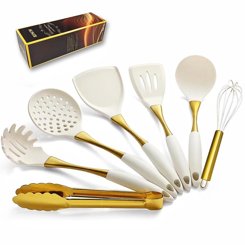 RFSCDI Elegant White Gold Silicone Cooking Utensils Set - Non-Toxic, Dishwasher Safe Kitchen Utensils Set with Heat Resistant Comfort Handles - Includes Spatula & Spoon for Nonstick Cookware - Image 1