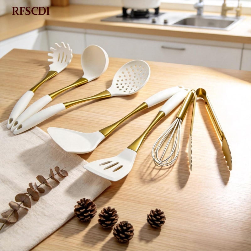RFSCDI Elegant White Gold Silicone Cooking Utensils Set - Non-Toxic, Dishwasher Safe Kitchen Utensils Set with Heat Resistant Comfort Handles - Includes Spatula & Spoon for Nonstick Cookware - Image 2