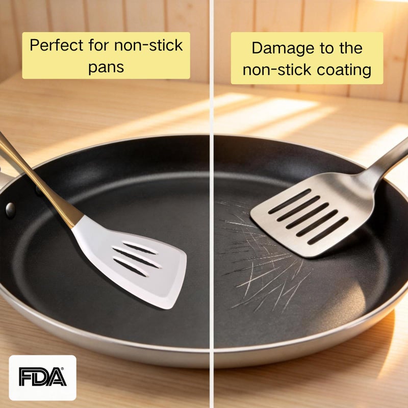 RFSCDI Elegant White Gold Silicone Cooking Utensils Set - Non-Toxic, Dishwasher Safe Kitchen Utensils Set with Heat Resistant Comfort Handles - Includes Spatula & Spoon for Nonstick Cookware - Image 4