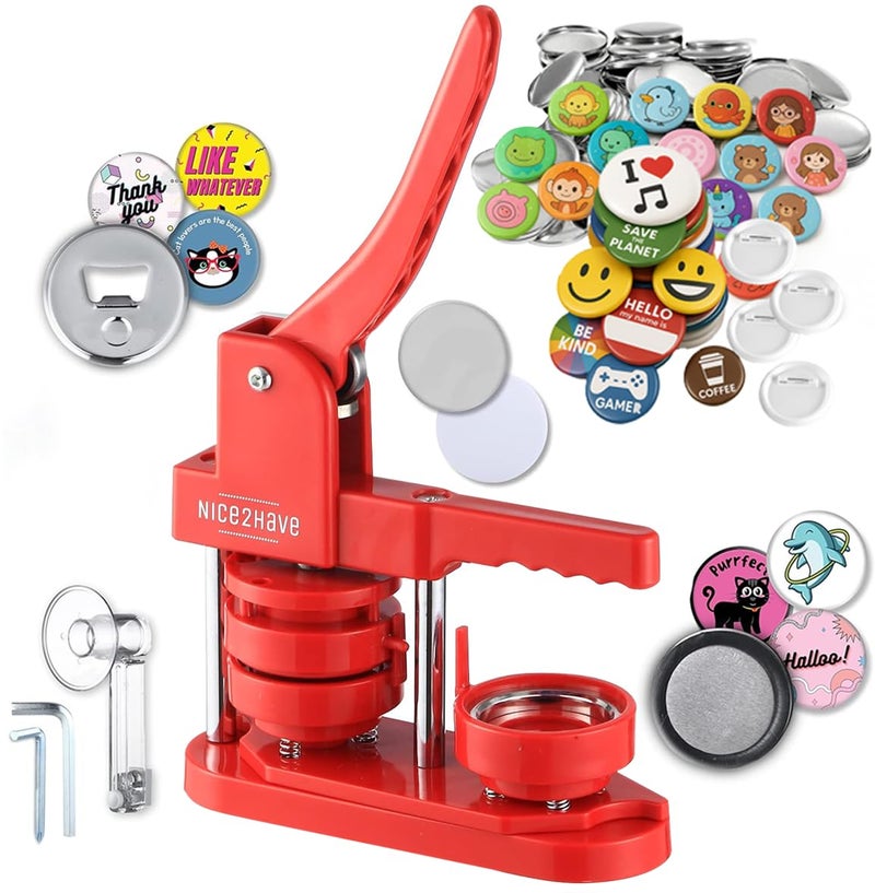 nice2have Button Maker Machine 2.25 Inch (58mm) Pin Maker Kit - Single Mold, 100 Buttons, 5 Fridge Magnets, 5 Bottle Openers, Cutters, and 500+ Button Designs for DIY Crafts (Red, 2.25 inch (58mm)) - Image 1