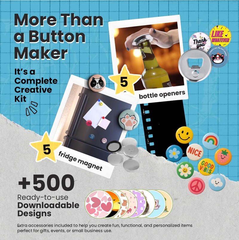 nice2have Button Maker Machine 2.25 Inch (58mm) Pin Maker Kit - Single Mold, 100 Buttons, 5 Fridge Magnets, 5 Bottle Openers, Cutters, and 500+ Button Designs for DIY Crafts (Red, 2.25 inch (58mm)) - Image 2