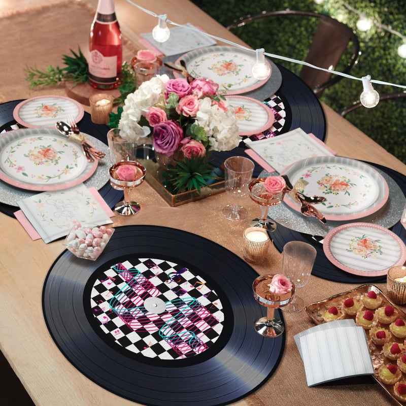 Tarklanda 60PCS Record Paper Placemats Disposable 13.7 Inch Rock and Roll Vinyl Record Place Mats Vintage Musical Theme Round Table Mats for Dinner Table Decor Birthday 50s Theme Rock Music Party Supplies - Image 5