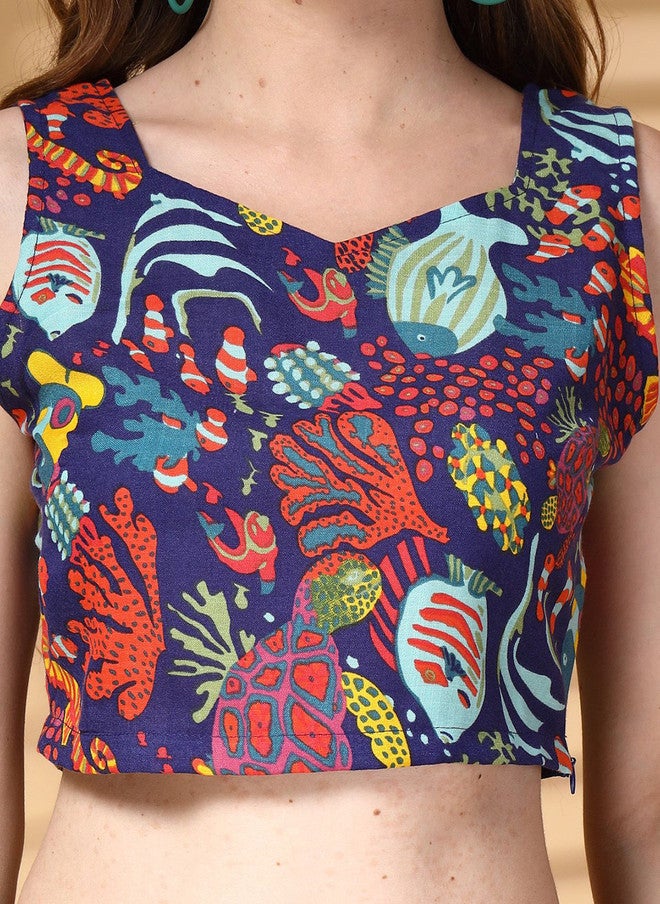 PlusS Navy Blue Printed Cotton Top With Trousers & Blazer - Image 2