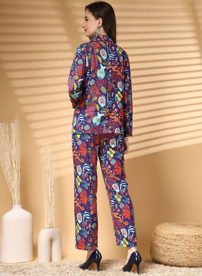 PlusS Navy Blue Printed Cotton Top With Trousers & Blazer - Image 5