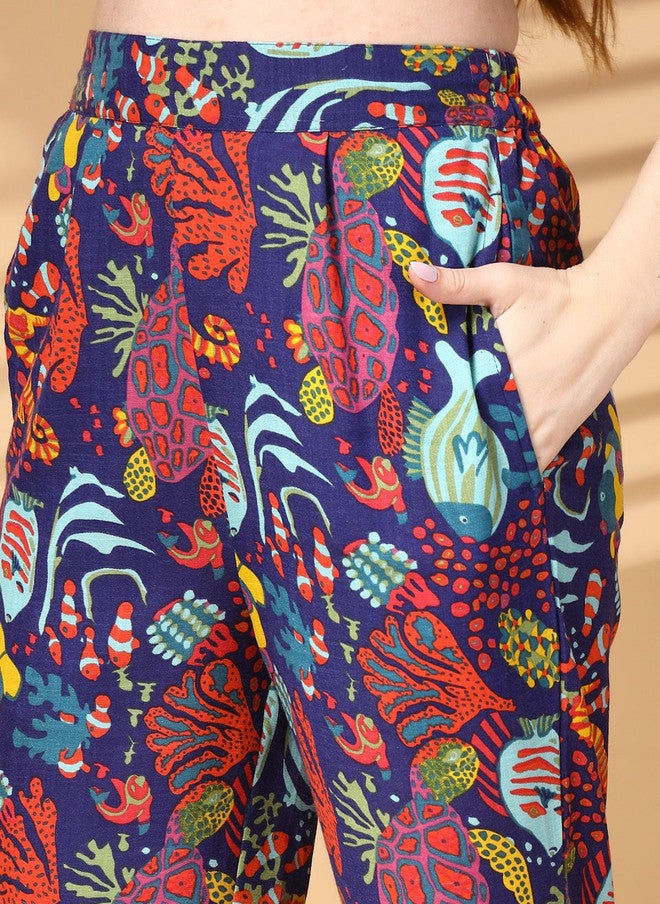 PlusS Navy Blue Printed Cotton Top With Trousers & Blazer - Image 3