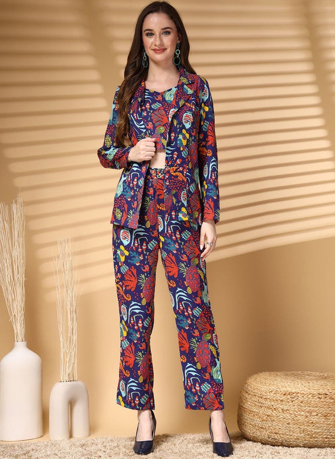 PlusS Navy Blue Printed Cotton Top With Trousers & Blazer - Image 1