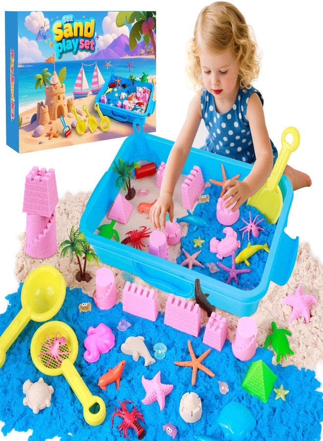 Mikiwon Ocean Sensory Bin, Sandbox Play Sand Art Kit with 1.65lbs Play Sand, Sea Animal Toys Molds, Sensory Play for Girls Boys Age 3 4 5 6 7 8, Beach Toys for Kids Xmas Birthday Gifts - Image 1