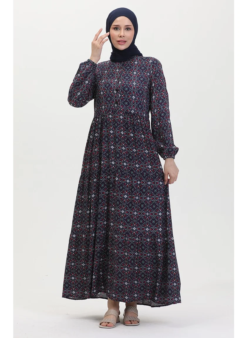 Sefa Merve Patterned Buttoned Viscose Dress 0441-02 Navy Blue Claret Red