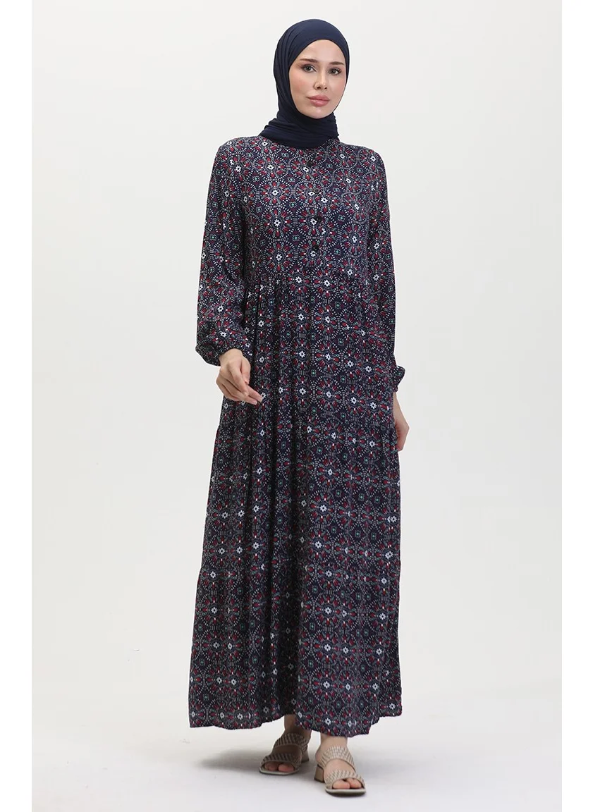 Sefa Merve Patterned Buttoned Viscose Dress 0441-02 Navy Blue Claret Red