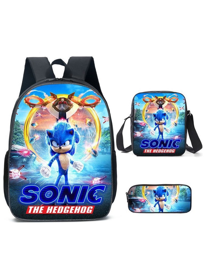 Sonic student large capacity backpack three piece set, anime cartoon backpack, shoulder bag pen bag