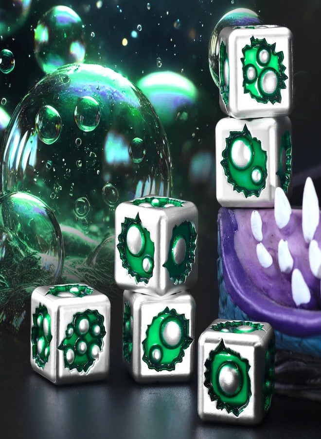 FONVGOGO D6 Dice Set of Six Pcs 15mm, Cool Unique Metal 6 Sided Dice for DND, RPG, Dungeons and Dragons, Gift (Bubble-D6 White Green) - Image 3
