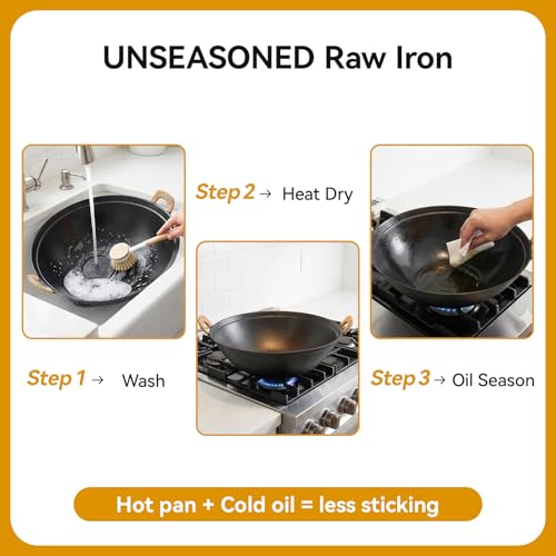 WANGYUANJI 14.2" Cast Iron Wok with Lid, Hand Hammered Chinese Wok Pan, Flat Bottom Stir Fry Pan for Induction, Gas & Electric Stoves, Uncoated Non-Toxic, Dual Handles - Image 5