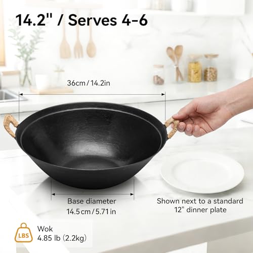 WANGYUANJI 14.2" Cast Iron Wok with Lid, Hand Hammered Chinese Wok Pan, Flat Bottom Stir Fry Pan for Induction, Gas & Electric Stoves, Uncoated Non-Toxic, Dual Handles - Image 4
