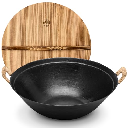 WANGYUANJI 14.2" Cast Iron Wok with Lid, Hand Hammered Chinese Wok Pan, Flat Bottom Stir Fry Pan for Induction, Gas & Electric Stoves, Uncoated Non-Toxic, Dual Handles - Image 1