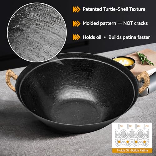 WANGYUANJI 14.2" Cast Iron Wok with Lid, Hand Hammered Chinese Wok Pan, Flat Bottom Stir Fry Pan for Induction, Gas & Electric Stoves, Uncoated Non-Toxic, Dual Handles - Image 2