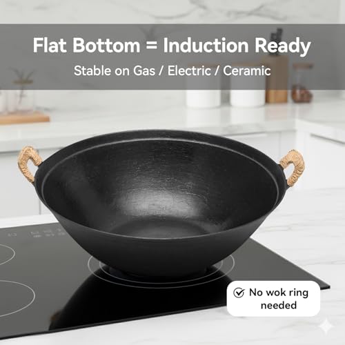 WANGYUANJI 14.2" Cast Iron Wok with Lid, Hand Hammered Chinese Wok Pan, Flat Bottom Stir Fry Pan for Induction, Gas & Electric Stoves, Uncoated Non-Toxic, Dual Handles - Image 3