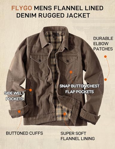 Flygo Mens Flannel Lined Denim Jacket Snap Cowboy Cut Western Classic Slim Fit Vintage Heavy Duty Jacket Trucker Coat(Brown-S) - Image 4
