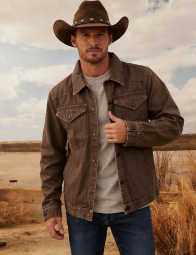 Flygo Mens Flannel Lined Denim Jacket Snap Cowboy Cut Western Classic Slim Fit Vintage Heavy Duty Jacket Trucker Coat(Brown-S) - Image 2