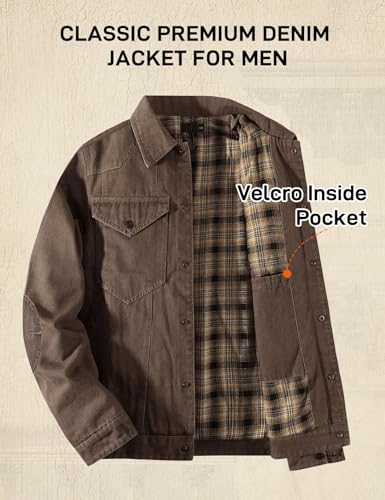 Flygo Mens Flannel Lined Denim Jacket Snap Cowboy Cut Western Classic Slim Fit Vintage Heavy Duty Jacket Trucker Coat(Brown-S) - Image 5
