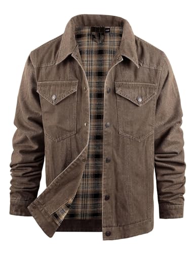 Flygo Mens Flannel Lined Denim Jacket Snap Cowboy Cut Western Classic Slim Fit Vintage Heavy Duty Jacket Trucker Coat(Brown-S) - Image 1