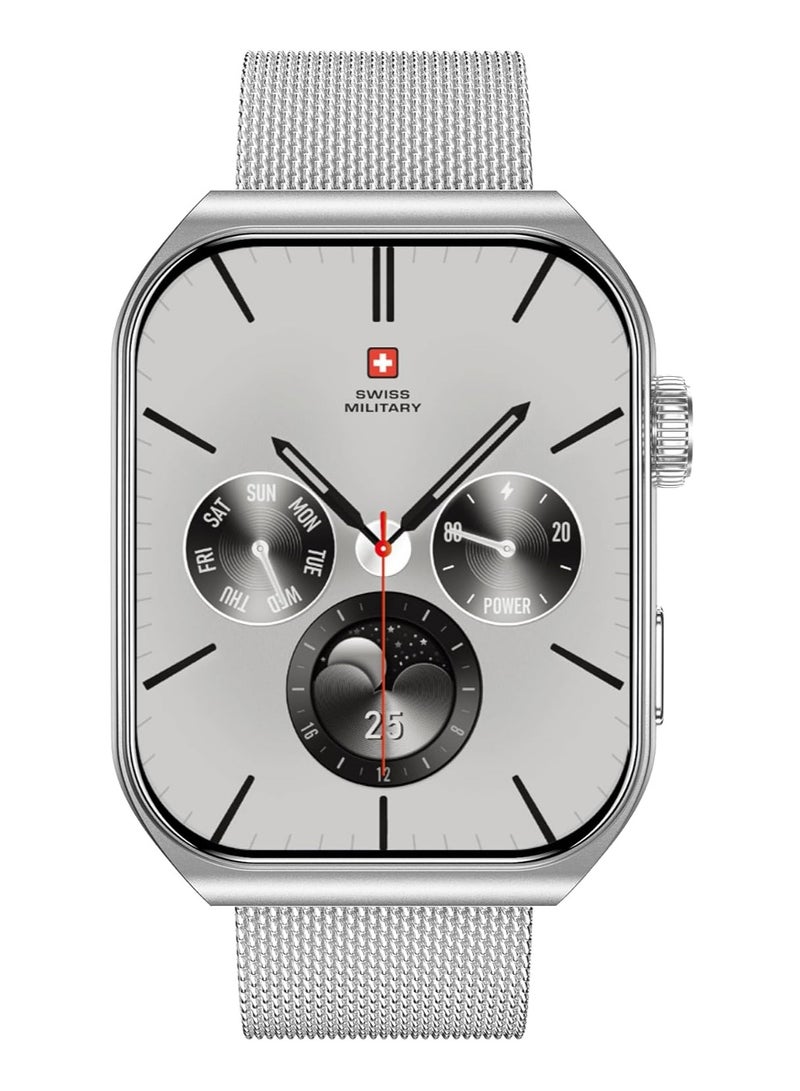 SWISS MILITARY Swiss Military Alps3 Smartwatch, Curved Display 1.96” AMOLED, Bluetooth Calling, Multi Language, Fitness Tracking, Wireless Charging, 7 Days Battery, iOS/Android Compatible, Silver Frame & Steel Strap  - Image 1