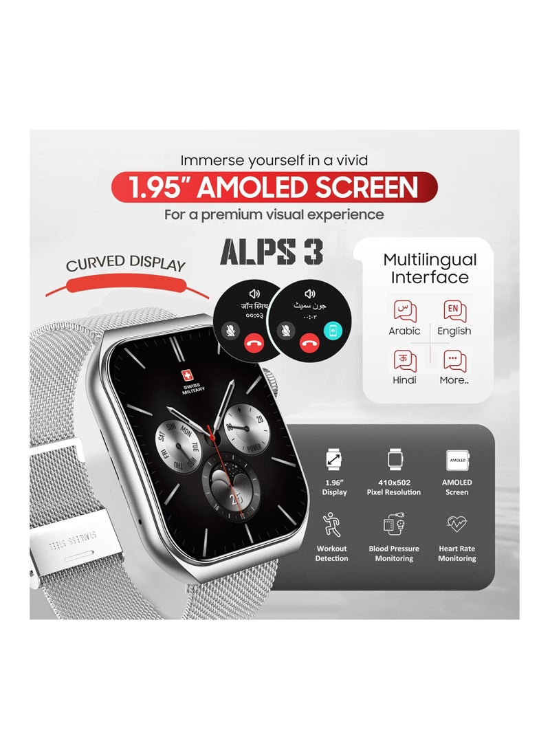 SWISS MILITARY Swiss Military Alps3 Smartwatch, Curved Display 1.96” AMOLED, Bluetooth Calling, Multi Language, Fitness Tracking, Wireless Charging, 7 Days Battery, iOS/Android Compatible, Silver Frame & Steel Strap  - Image 2