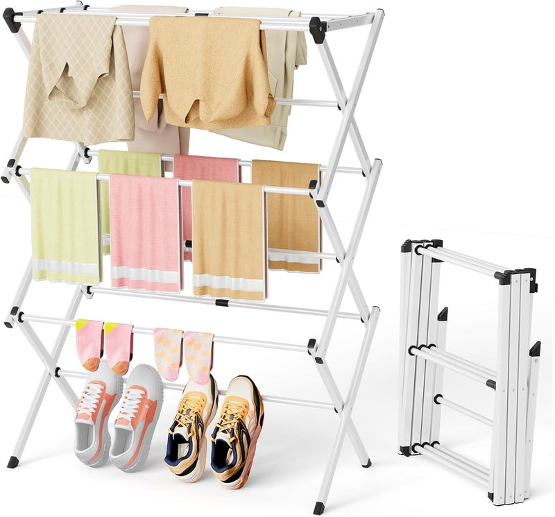 BAKON Space Saving Foldable Clothes Drying Rack, Extendable Rustproof Laundry Rack for Indoor Outdoor Use, No Assembly Required, Suitable for Bathroom Laundry Room Apartment RV, White - Image 1