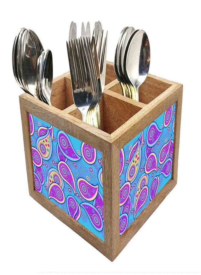 Nutcase Wooden Cutlery Stand Holder Silverware Caddy Spoons Forks Knives Organizer for Dining Table & Kitchen -Made in India-Spoons NOT Included - Paisley - Image 1
